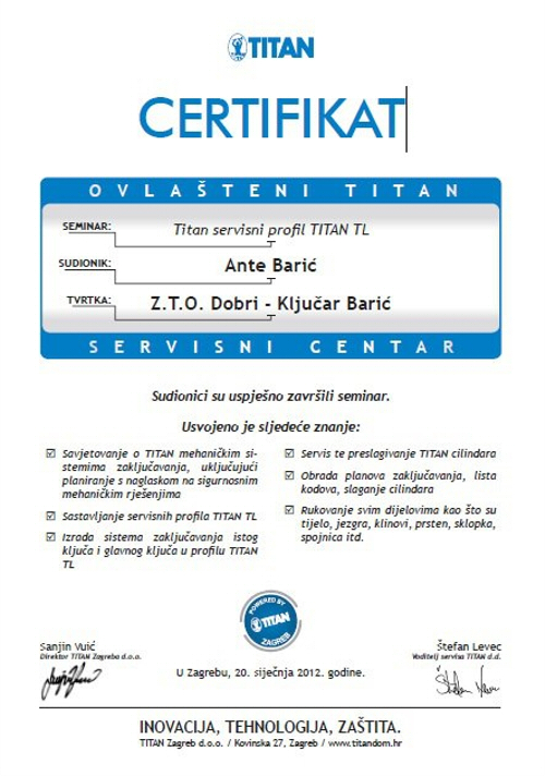 Ključar Barić TITAN Certifikat